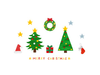 クリスマスツリーとリース　クリスマスアイテムセット　水彩素材
