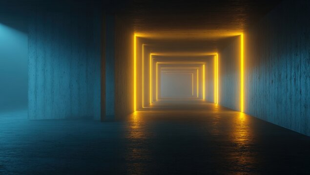 Futuristic concrete hallway lit by vibrant yellow light