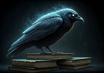 Fototapeta premium Mystical Raven Perched Upon Stacked Antique Books, Glowing Eyes in Ethereal Blue Light Amidst Dark, Smoky Atmosphere