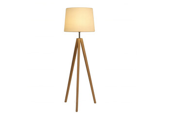 Stylish floor lamp with wooden tripod stand and fabric shade, emitting warm light against a transparent background, perfect for interior design projects