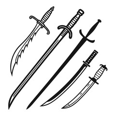 Collection of stylized black and white sword and dagger illustrations on a white background showcasing diverse weapon designs and historical weaponry
