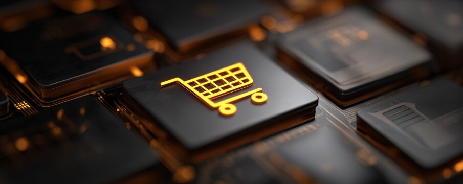Digital shopping cart icon on a futuristic circuit board