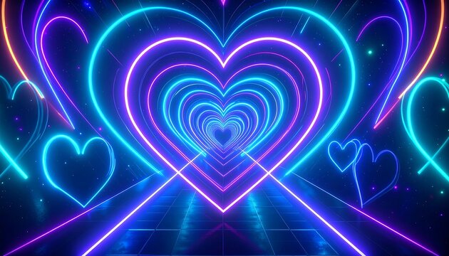 Neon heart tunnel.  A vibrant tunnel with glowing hearts