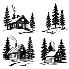 Collection of four black and white vector illustrations depicting rustic log cabins nestled amongst pine trees with smoke emanating from chimneys evoking a sense of wilderness and cozy retreat