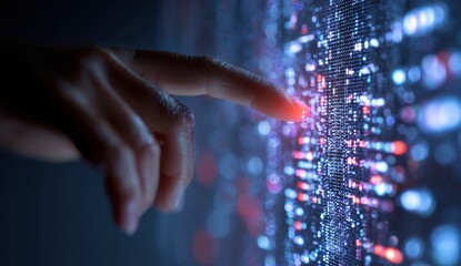 A hand points to a glowing data screen