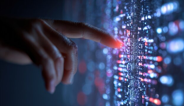 A hand points to a glowing data screen