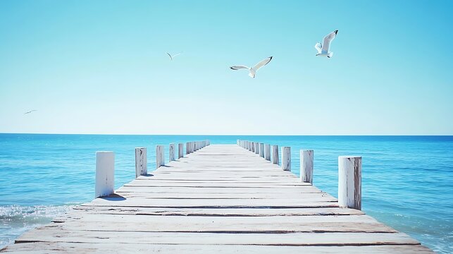 A serene wooden pier stretches across the turquoise ocean, with seagulls soaring in the clear blue sky