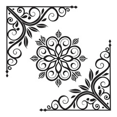 Elegant black ornamental corner designs and a central floral motif create a decorative border element perfect for invitations frames and vintage designs