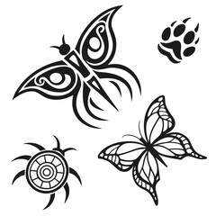 Obraz premium Tribal style black ink designs featuring two butterflies a circular sun symbol and a bear paw print on a white background