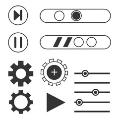 A collection of simple modern flat icons representing media playback controls settings and adjustments perfect for user interface design and digital applications