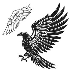 Stylized black silhouette of a majestic eagle in flight with outstretched wings and talons accompanied by a separate pair of detailed wings perfect for emblems and graphic design