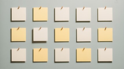 Fifteen square sticky notes pinned to a gray wall creating a clean and organized aesthetic for presentations and message boards