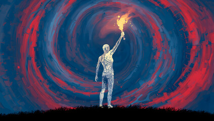 A spectral figure holds aloft a burning torch against a swirling, cosmic backdrop.
