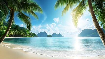Scenic tropical paradise beach with palm trees and bright sun over a calm turquoise sea