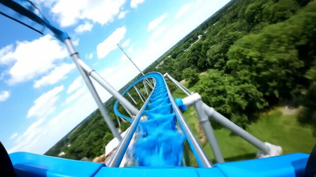 First-person view from a blue roller coaster descending a track under a bright blue sky with green trees.