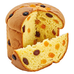 Delicious Golden Panettone Bread with Raisins and Candied Fruit Slices on a Transparent Background, Studio Shot, Festive Holiday Dessert, Sweet