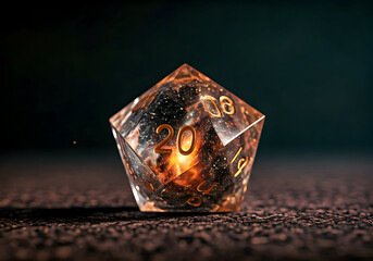 Close up of a Translucent D20 Die with Cosmic Swirls and Gold Numerals Resting on a Textured Surface