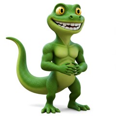 Fototapeta premium A cheerful, cartoon lizard with muscular physique stands confidently against a plain white background, displaying a joyful expression.