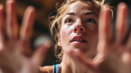 A close-up on a Zumba instructor hands and face as they give clear, encouraging directions. The image is about leadership and inspiration.