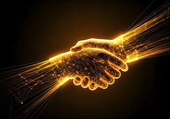 Digital Connection Represented by Glowing Golden Networked Hands Shaking Against a Dark Background