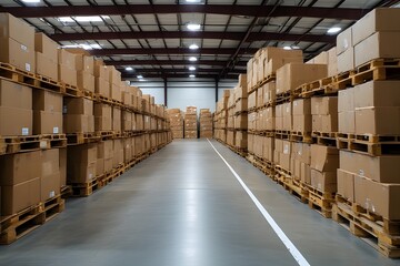 Vast warehouse aisles filled with stacked cardboard boxes on wooden pallets, showcasing extensive inventory and logistics operations for global distribution and supply chain management.