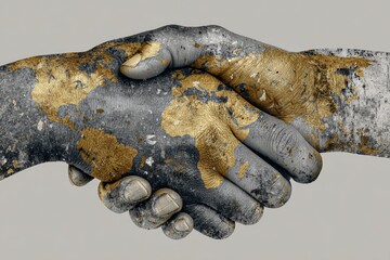 World map imprinted on shaking hands