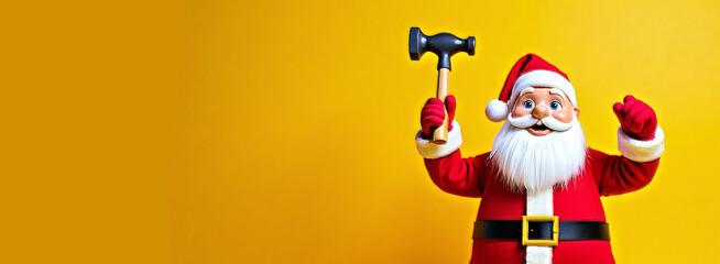 Fototapeta premium Cheerful Santa Claus toy in traditional red suit holding hammer in hand, standing against bright yellow background. Santa worker. Construction banner for Christmas holiday season with copy space.