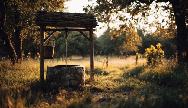 Rustic well in a golden meadow
