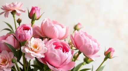 Fototapeta premium A Delicate Bouquet of Pink Roses in Full Bloom, Softly Illuminated Against a Neutral Background