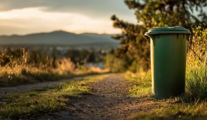Obraz premium A green trash can stands on a dirt path in a rural landscape at sunset