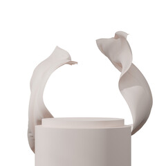 a white color curved cylinder with curtain backdrop, in a rendering 3d blank mockup