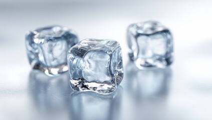 Three ice cubes on a reflective surface