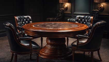 Dark, elegant room with a round table and chairs