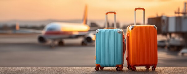 Two colorful suitcases await departure at an airport