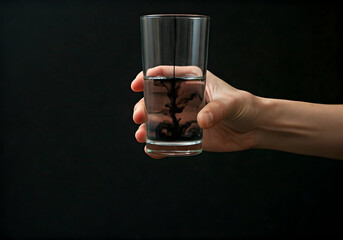 Hand Holding Glass of Water with Black Ink Droplets Dissipating Like a Tree Against a Dark Background
