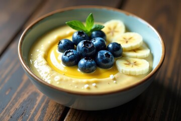 Creamy Yellow Smoothie Bowl Topped with Blueberries and Banana Slices