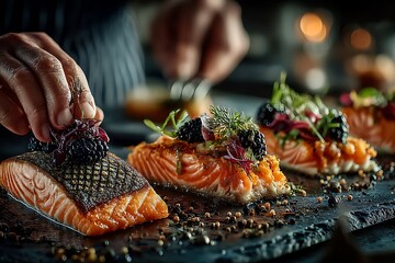 Chef garnishing salmon with blackberries and herbs blackberry dill
