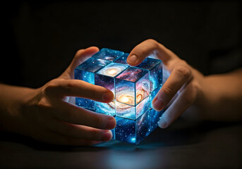 Hands Manipulating a Glowing Cube with Galaxy Imagery, Suggesting Cosmic Exploration and Discovery