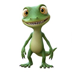 Obraz premium A cheerful, cartoon gecko character stands confidently against a plain white background.