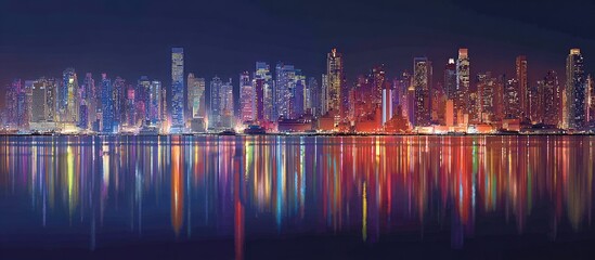 Obraz premium Vibrant city skyline reflected in dark water at night