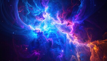 A vibrant cosmic nebula with swirling colors of blue, purple, and orange, representing the beauty of the universe.