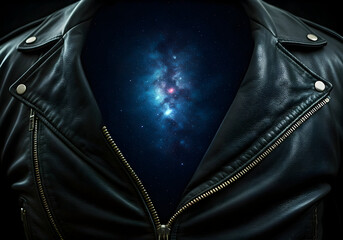 A Black Leather Biker Jacket Open to Reveal a Vibrant Nebula and Star Field