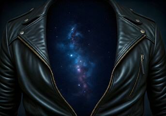 Close up of an Unzipped Black Leather Biker Jacket Revealing a Vibrant Starry Nebula and Cosmic Sky