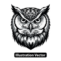 Obraz premium Grayscale vector illustration of a wise owl's head, featuring intricate feathers and intense eyes