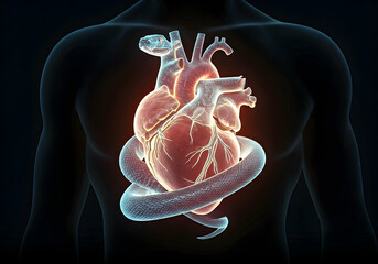 An Anatomical Heart with a Translucent Snake Coiled Around It, Depicting Health and Danger in a Dark Medical Illustration