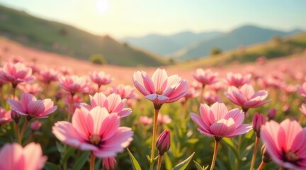 Obraz premium Serene Pink Blossoms Flourishing in a Sunlit Meadow, Backdropped by Gentle Rolling Hills at Dawn