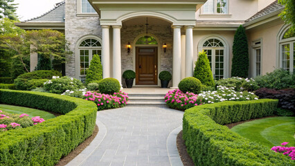 Elegant colonial mansion entrance with classical columns, manicured landscaping, pink flowers, topiary shrubs and symmetrical formal garden design creating luxurious curb appeal.