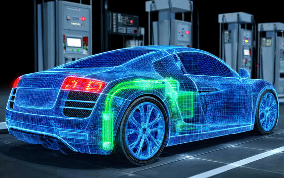 Digitalized electric car at a modern charging station