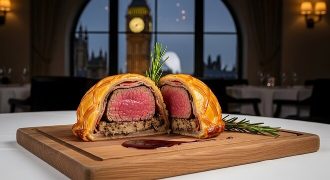 Gourmet Beef Wellington with Pink Center on Wooden Board in Elegant Restaurant Setting - Powered by Adobe
