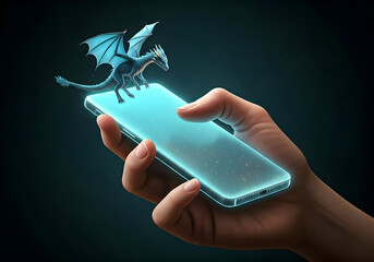 Mystical Blue Dragon Perched on a Glowing Smartphone Held by a Hand